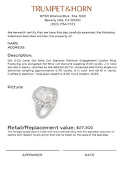 GIA 2.03 carat old mine cut diamond platinum engagement cluster ring
