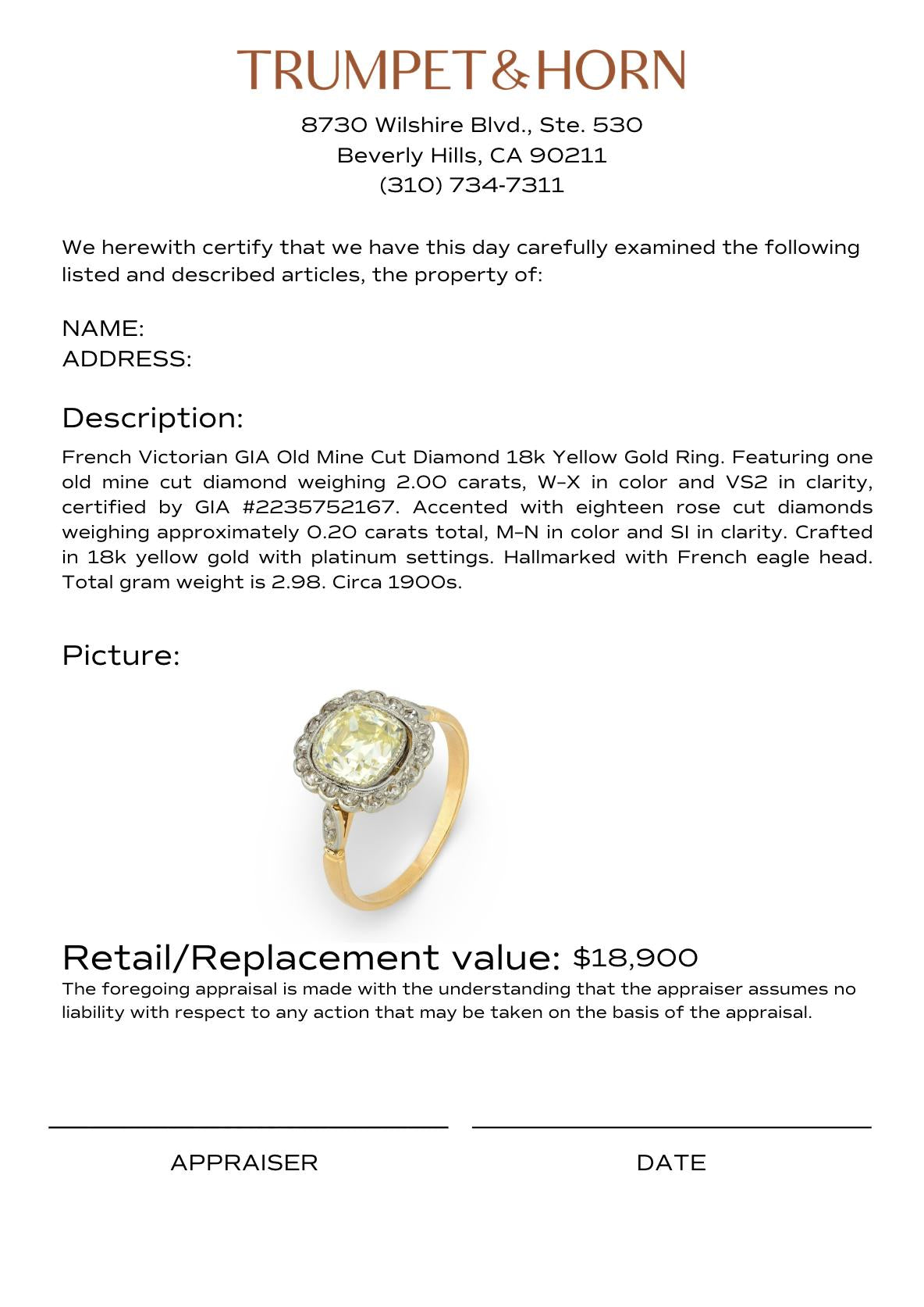 French victorian GIA 2.00 carat old mine cut diamond 18k yellow gold ring