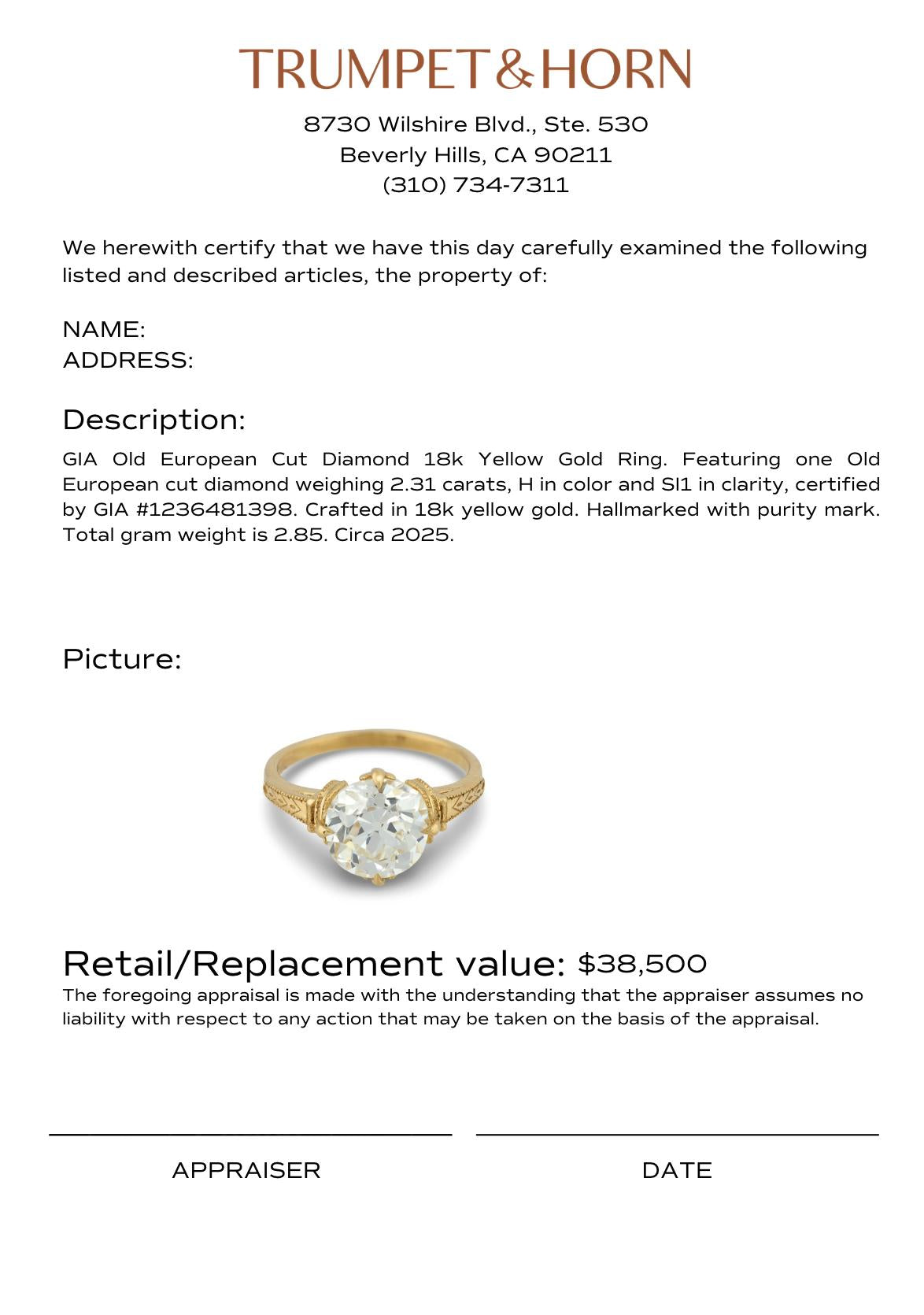 GIA 2.31 carat Old European cut diamond 18k yellow gold ring