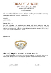 GIA 2.31 carat Old European cut diamond 18k yellow gold ring