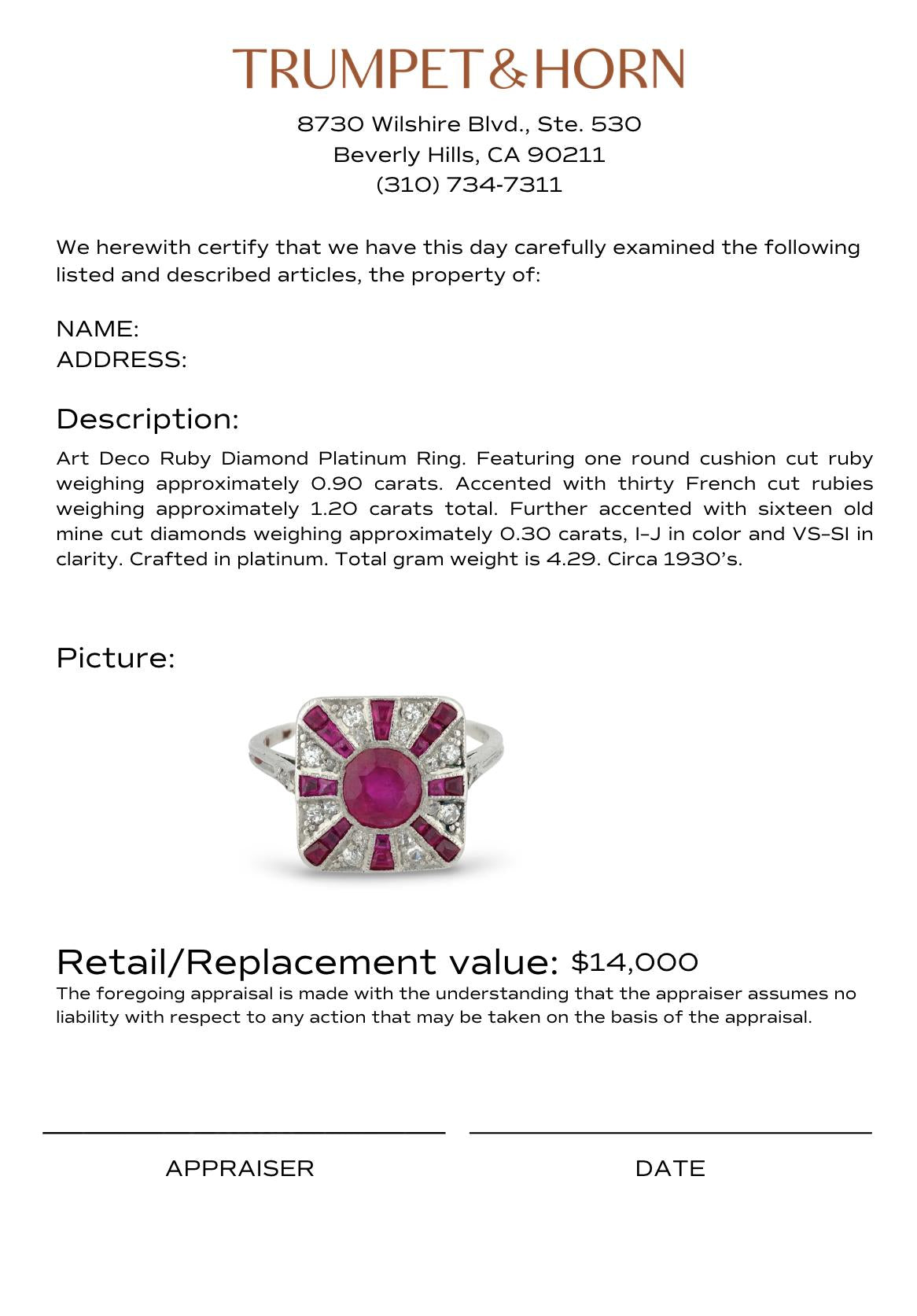 Art Deco ruby diamond platinum ring