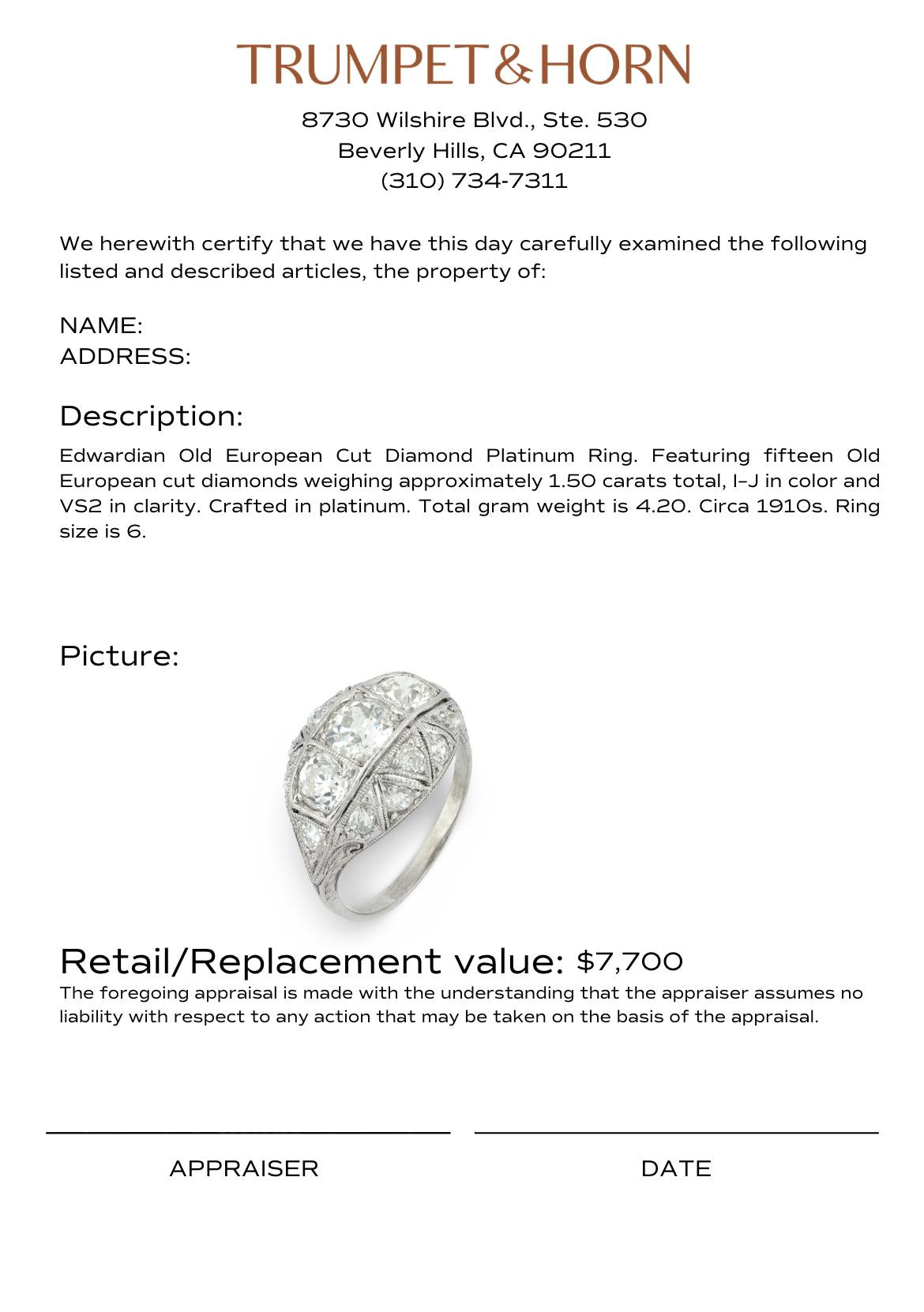 Edwardian 1.50 carat Old European cut diamond platinum ring