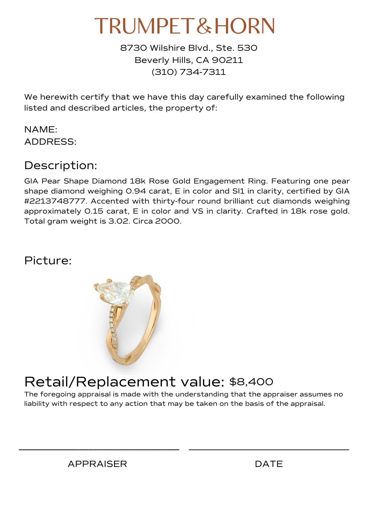 GIA 0.94 carat pear shape diamond 18k rose gold engagement ring