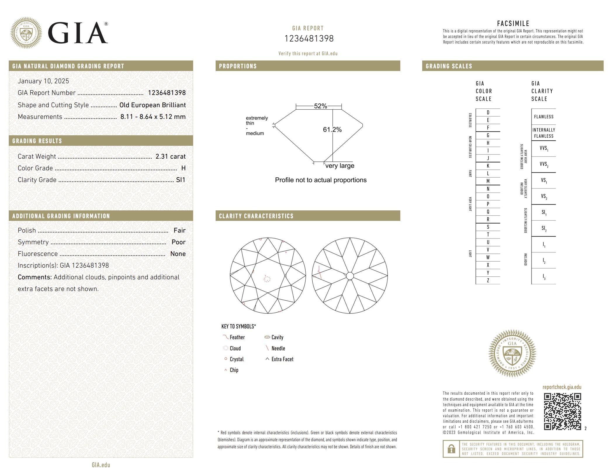 GIA 2.31 carat Old European cut diamond 18k yellow gold ring
