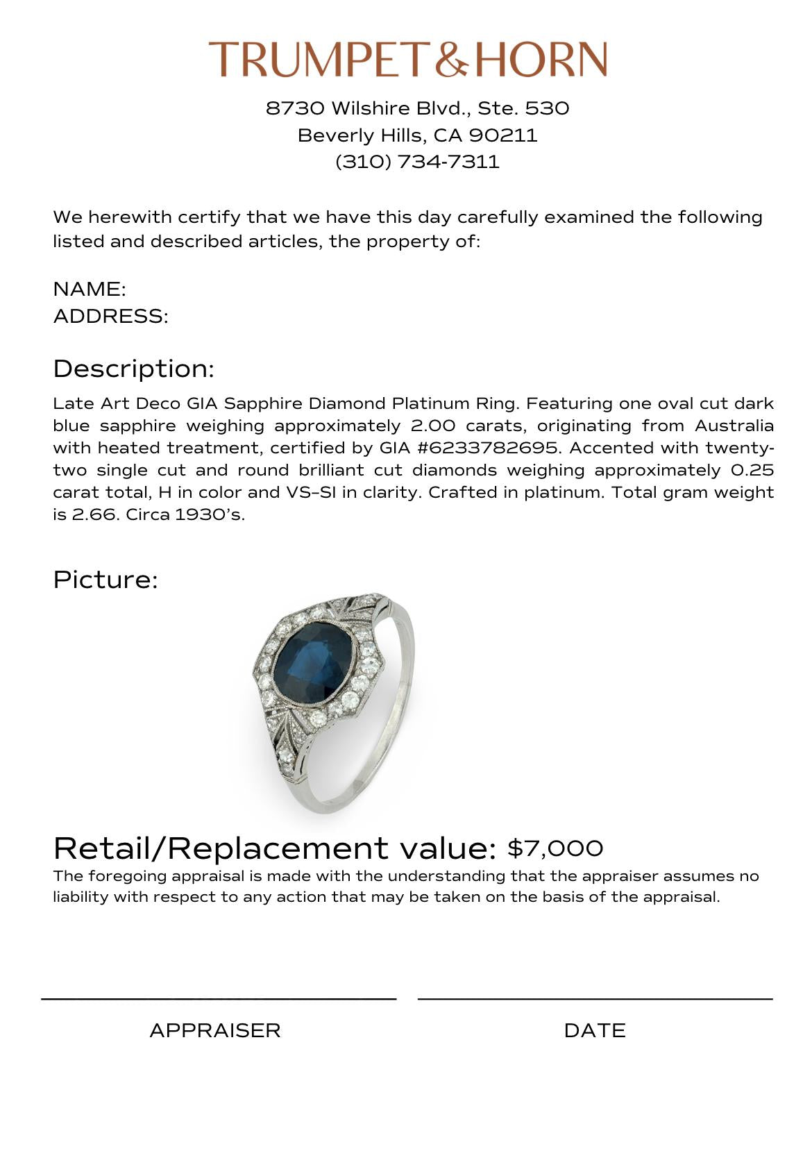 Late Art Deco GIA 2.00 carat sapphire diamond platinum ring