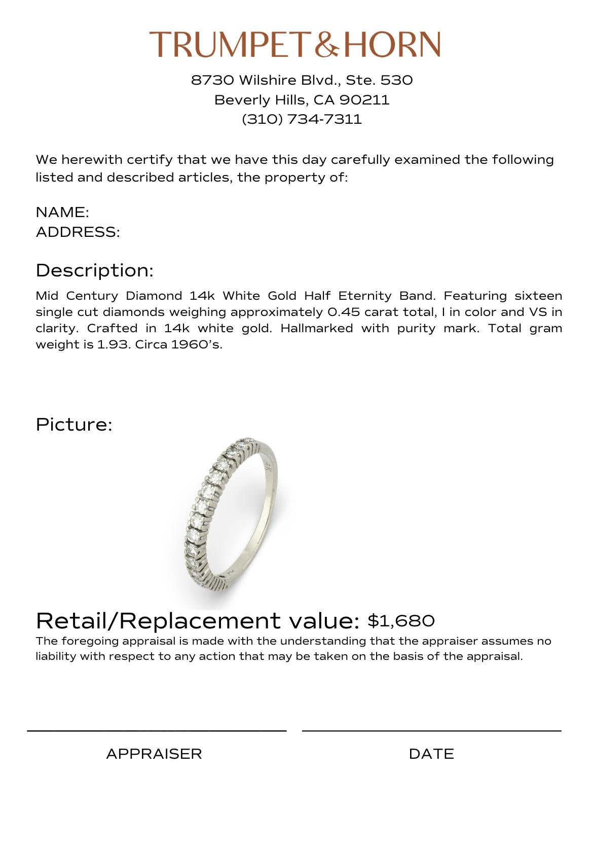 Mid Century diamond 14k white gold half eternity band