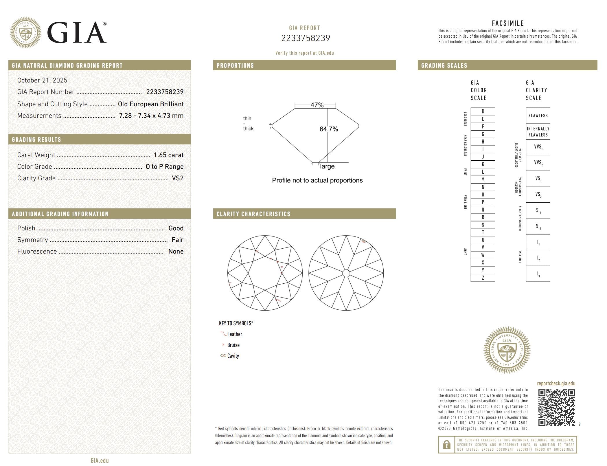 Art Deco 1.65 carat old European cut diamond platinum engagement ring