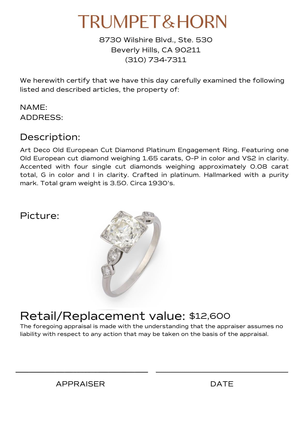 Art Deco 1.65 carat old European cut diamond platinum engagement ring