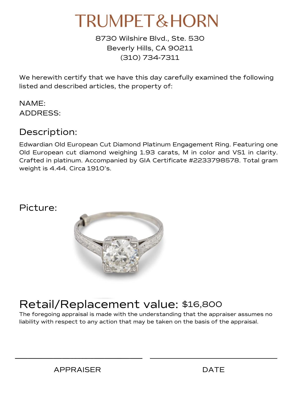 Edwardian GIA 1.93 carat old European cut diamond platinum engagement ring