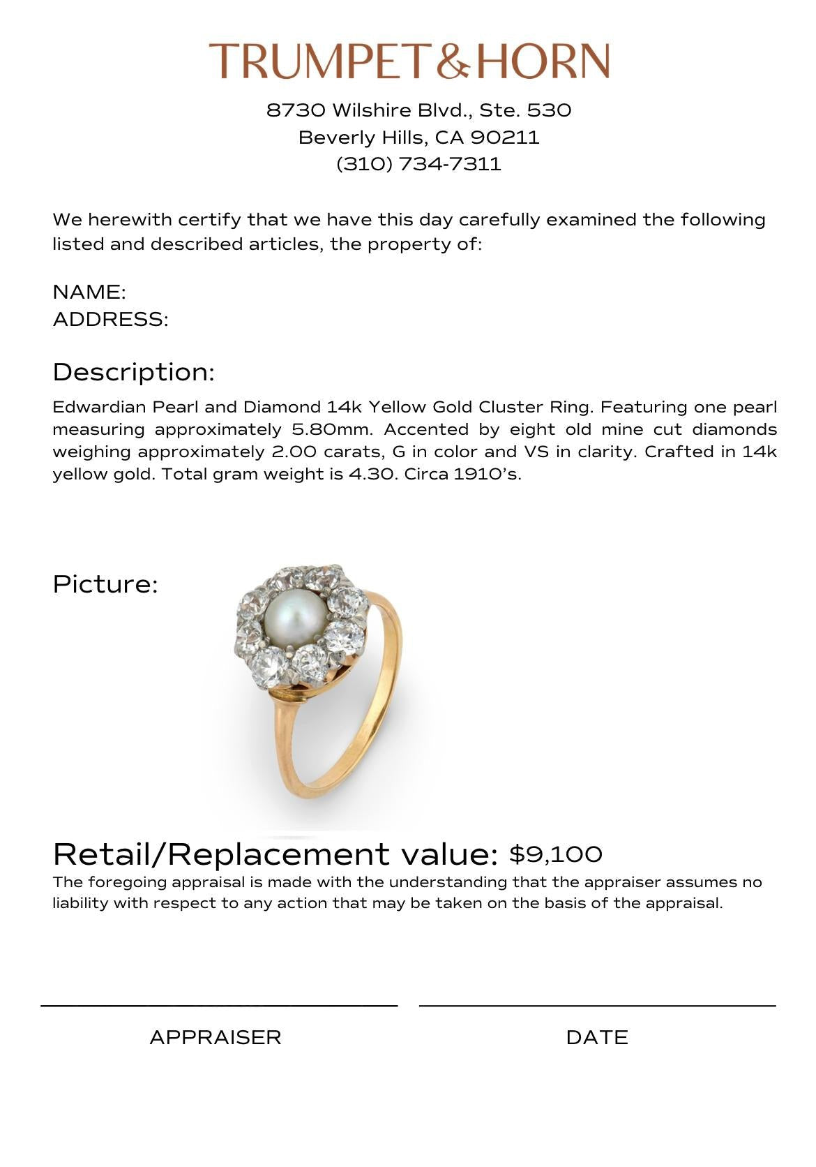 Edwardian pearl diamond 14k yellow gold cluster ring