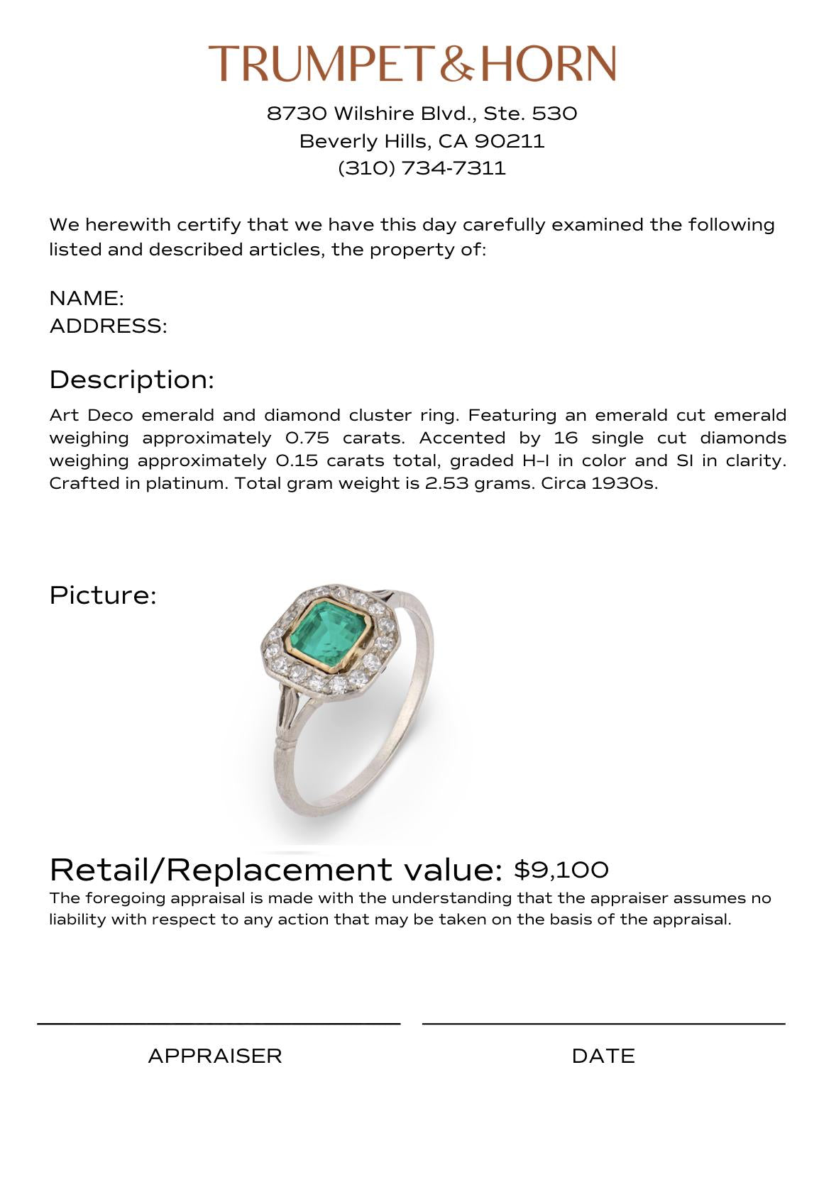 Art Deco emerald diamond platinum cluster ring