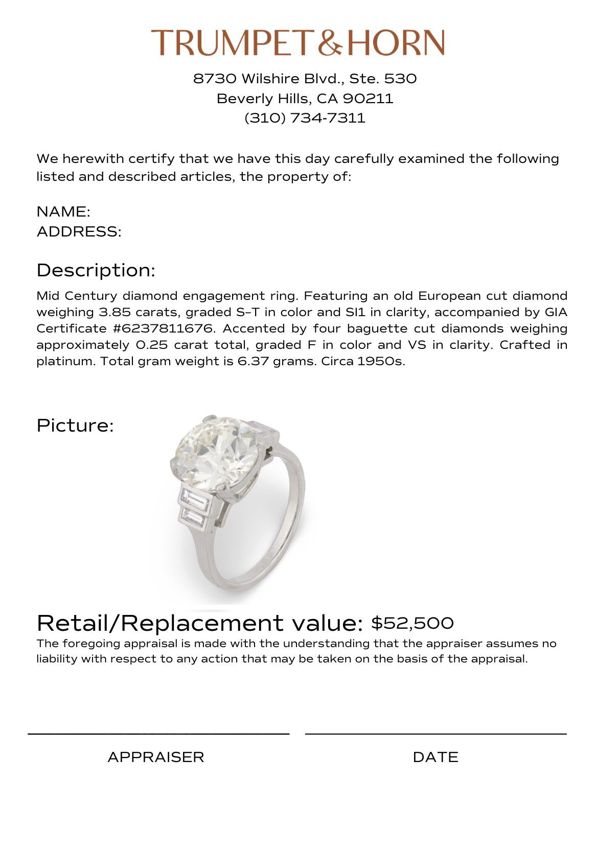 GIA 3.85 carat old European cut diamond platinum engagement ring