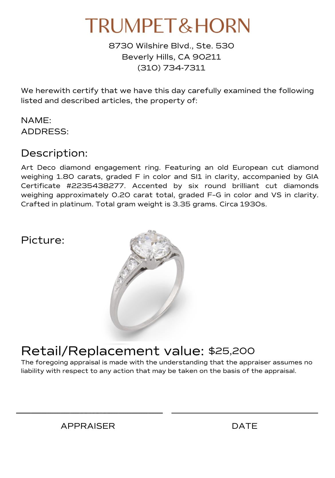 Art Deco GIA 1.80 carat diamond platinum engagement ring