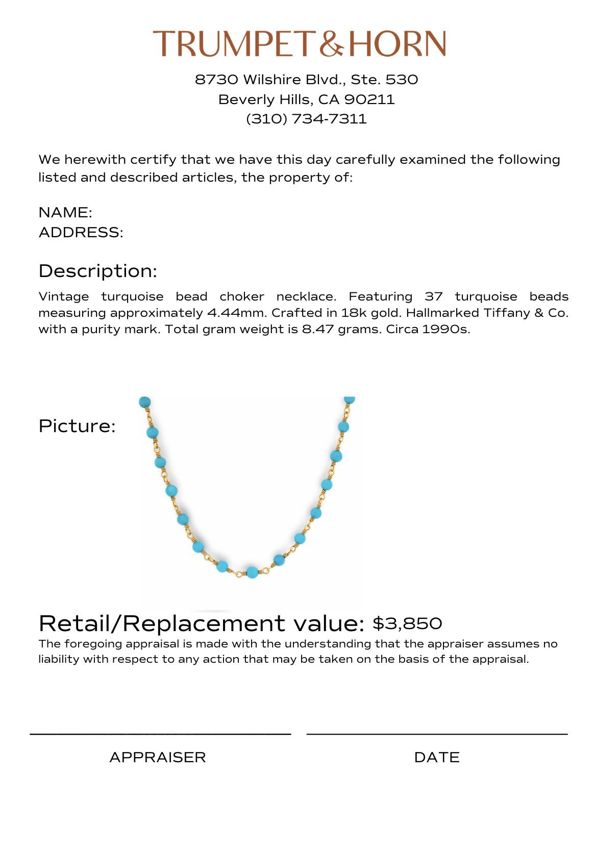 Tiffany & Co. vintage turquoise 18k gold choker necklace