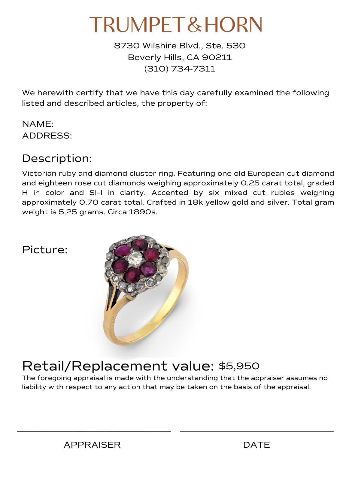 Victorian ruby diamond cluster 18k yellow gold silver ring