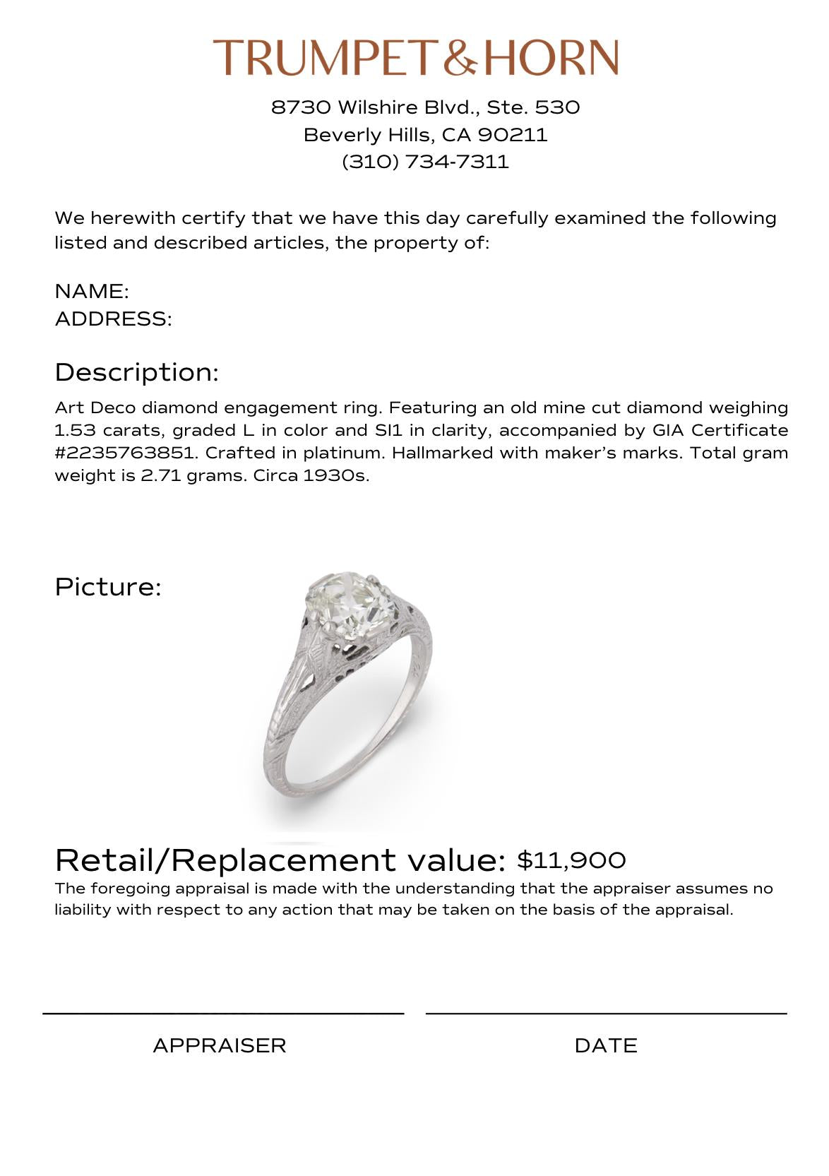 Art Deco GIA 1.53 carat old mine cut diamond platinum engagement ring