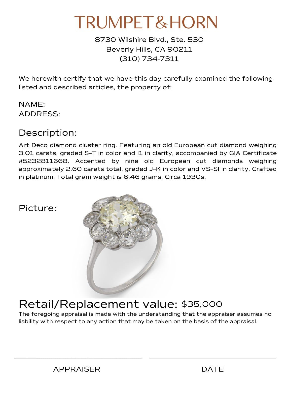 Art Deco GIA 3.01 carat old European diamond platinum cluster ring