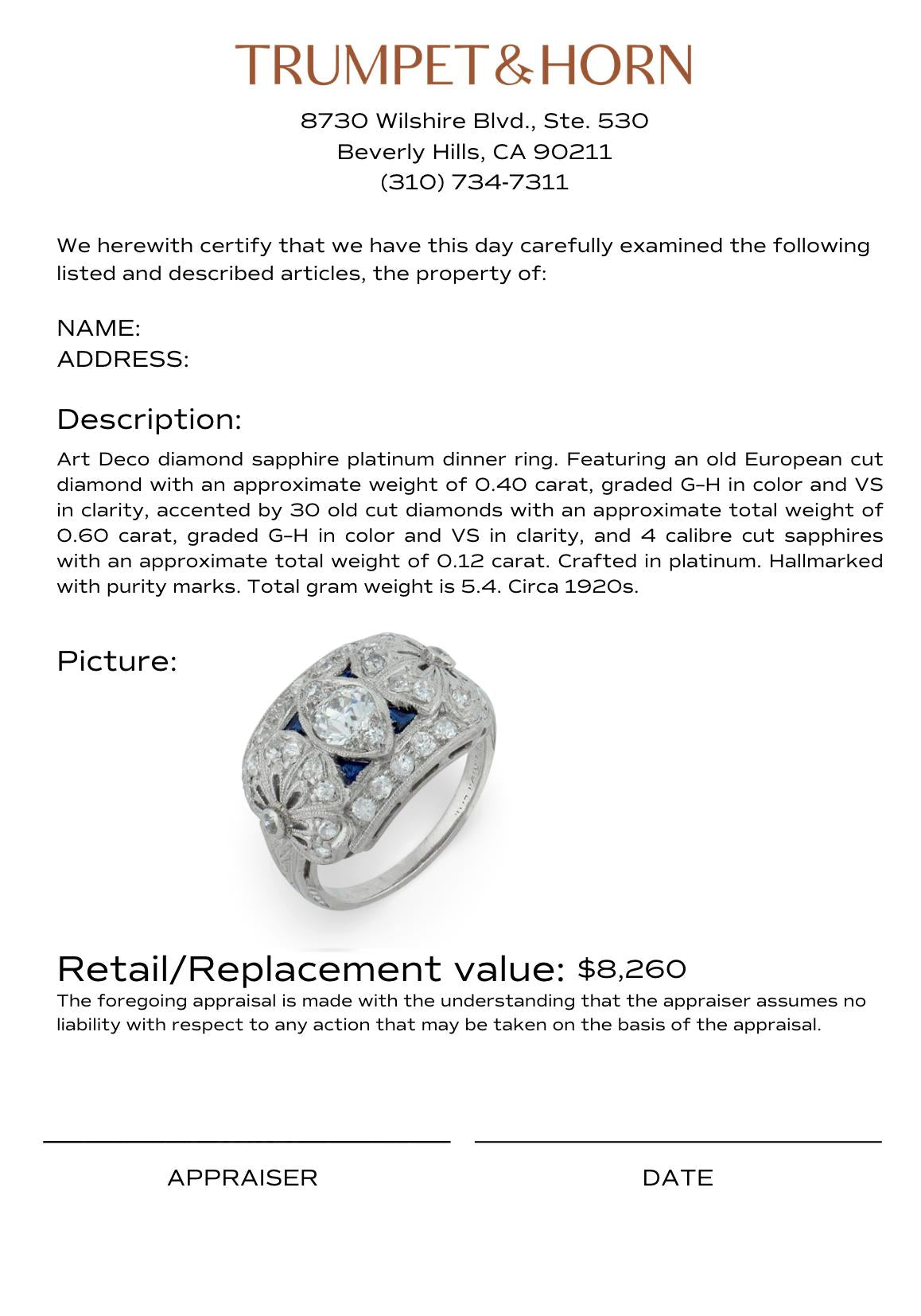 Art Deco diamond sapphire platinum dinner ring