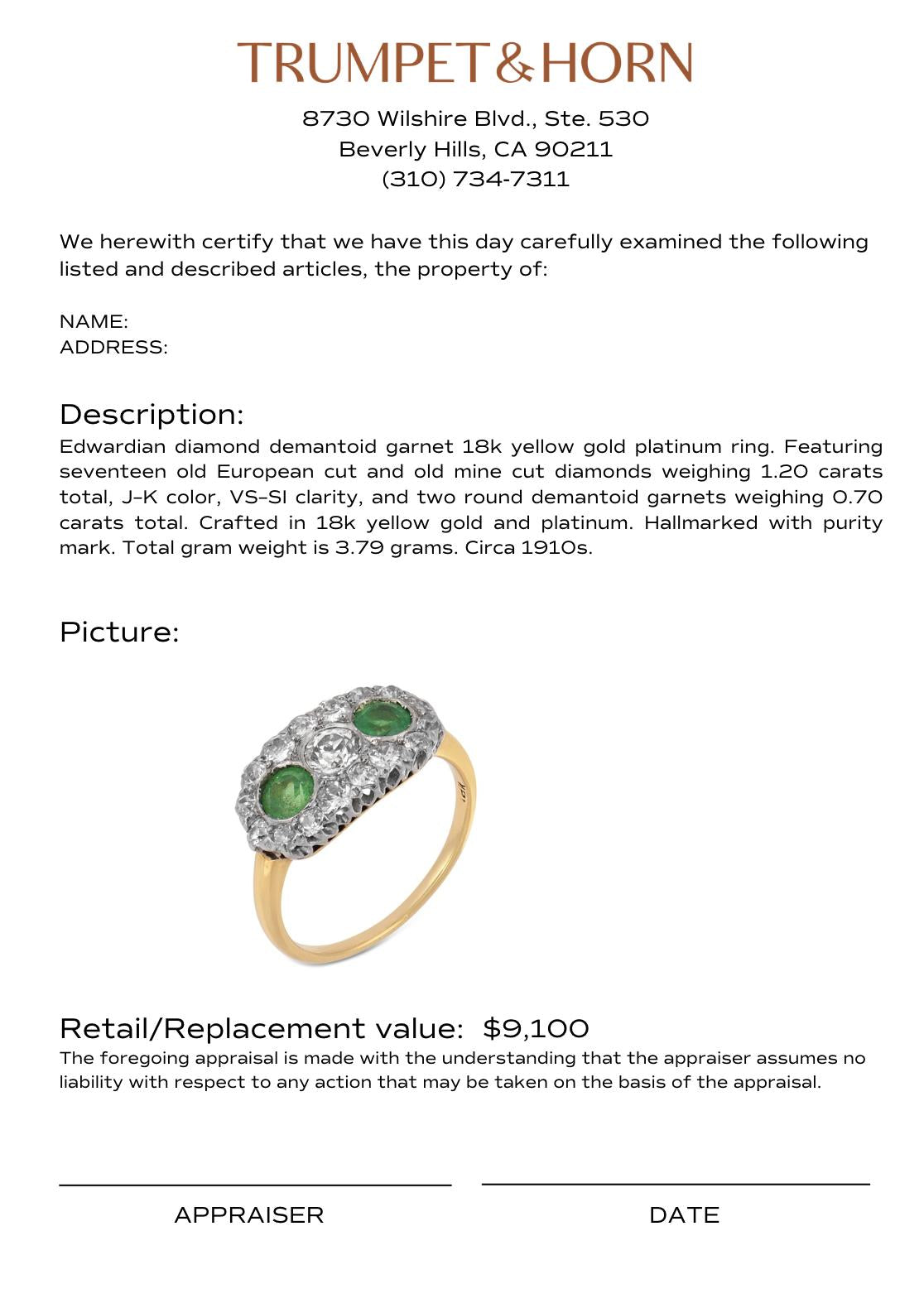 Edwardian diamond demantoid garnet 18k yellow gold platinum ring