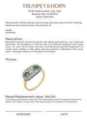 Edwardian diamond demantoid garnet 18k yellow gold platinum ring