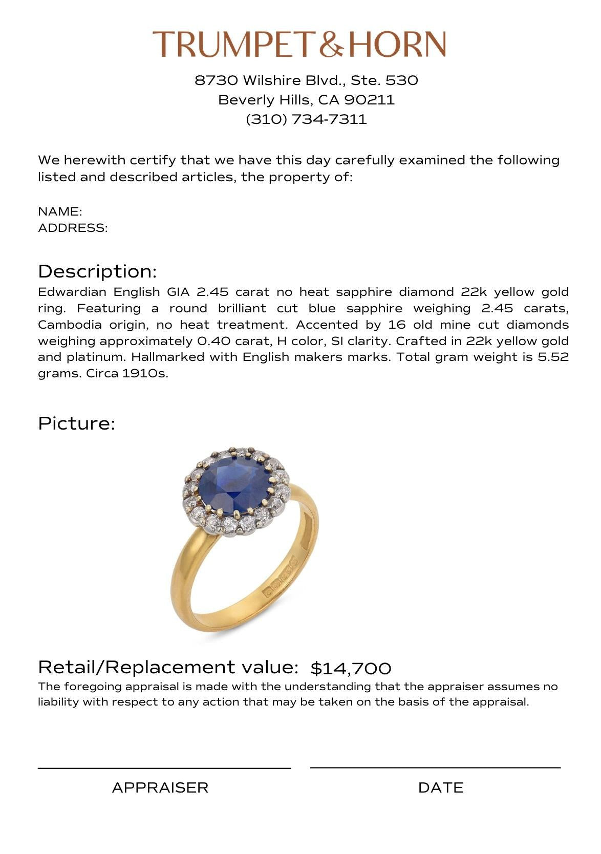 Edwardian English GIA 2.45 carat no heat sapphire diamond 22k yellow gold ring