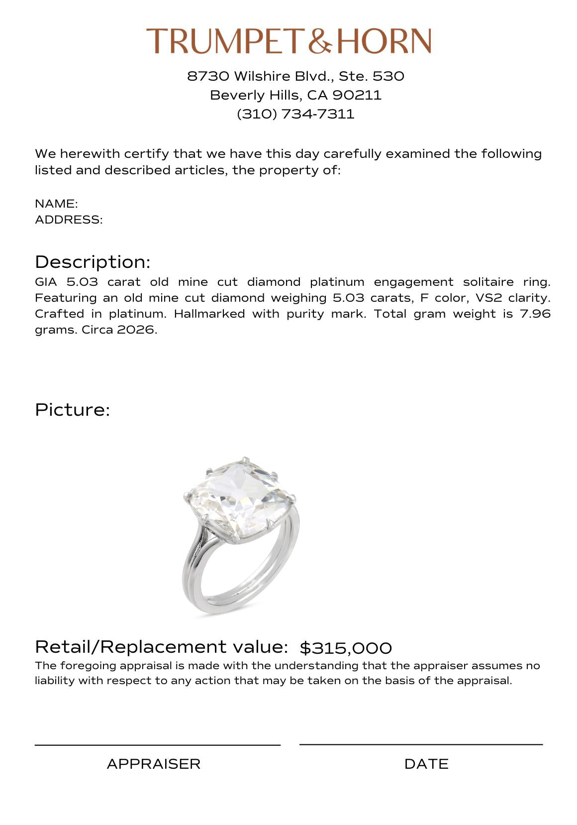 GIA 5.03 carat old mine cut diamond platinum engagement solitaire ring