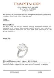 GIA 5.03 carat old mine cut diamond platinum engagement solitaire ring