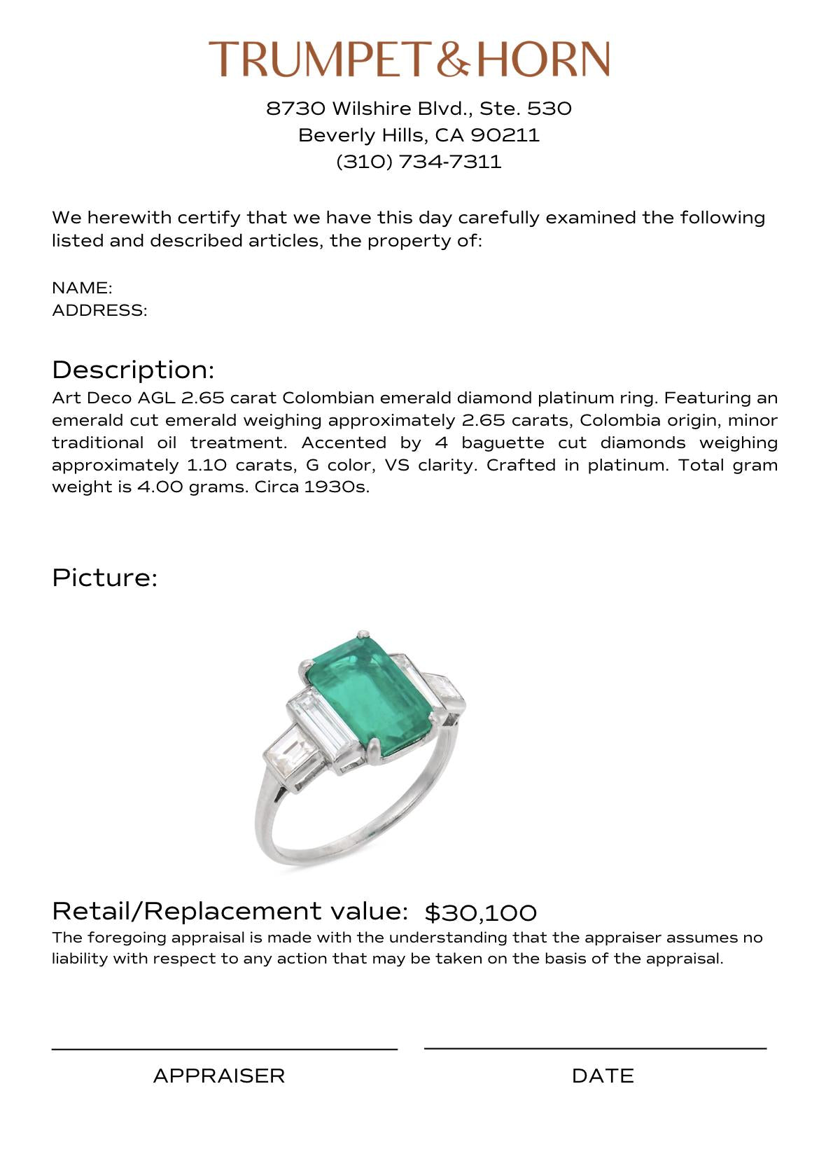 Art Deco AGL 2.65 carat Colombian emerald diamond platinum ring