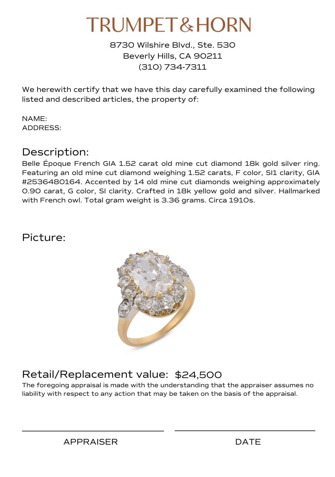 Belle Époque French GIA 1.52 carat old mine cut diamond 18k gold silver ring