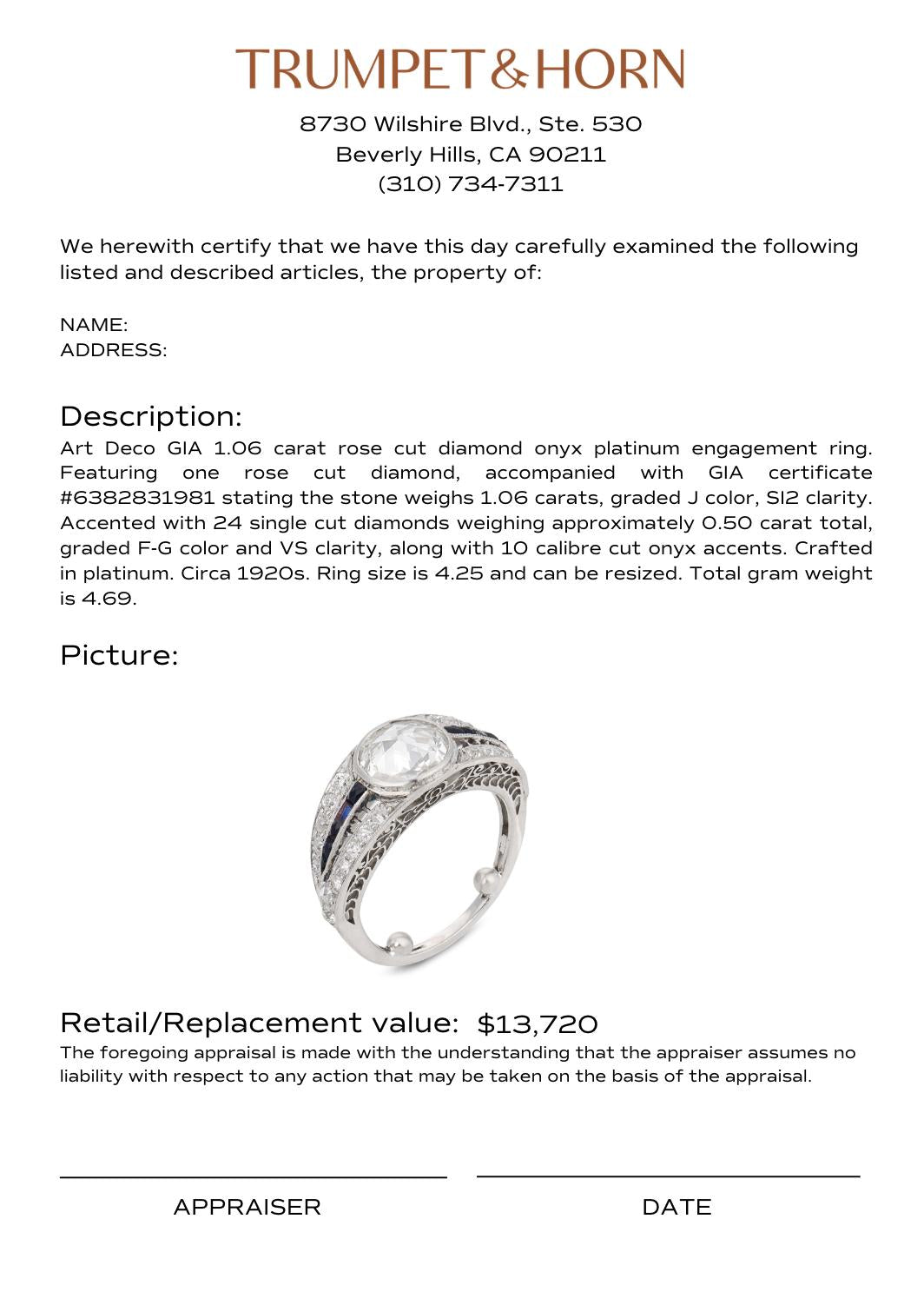 Art Deco GIA 1.06 carat rose cut diamond onyx platinum engagement ring