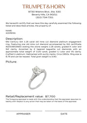 Mid Century GIA 1.18 carat old mine cut diamond platinum engagement ring