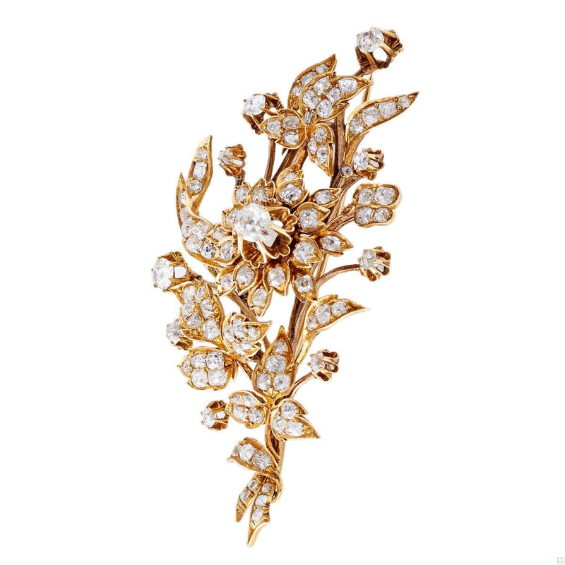 Victorian Old Cut Diamond 14k Yellow Gold Bouquet Brooch