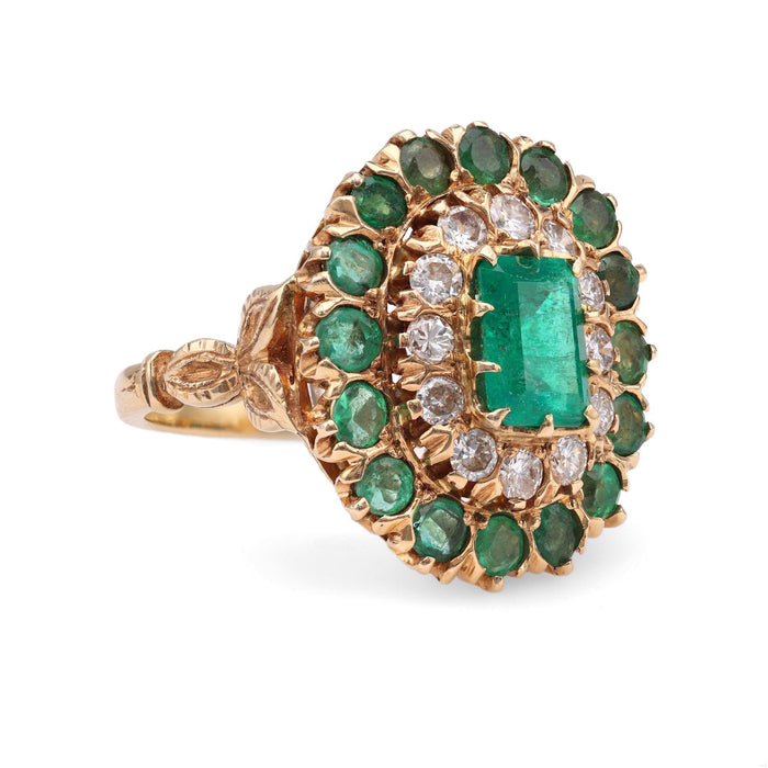 Victorian Revival Emerald Diamond 14k Yellow Gold Cluster Ring