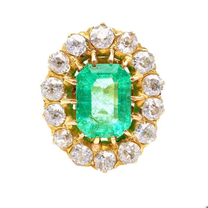 Victorian Revival GIA 2.50 Carat Colombian Emerald Diamond 18k Yellow Gold Clust