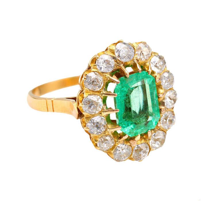 Victorian Revival GIA 2.50 Carat Colombian Emerald Diamond 18k Yellow Gold Clust