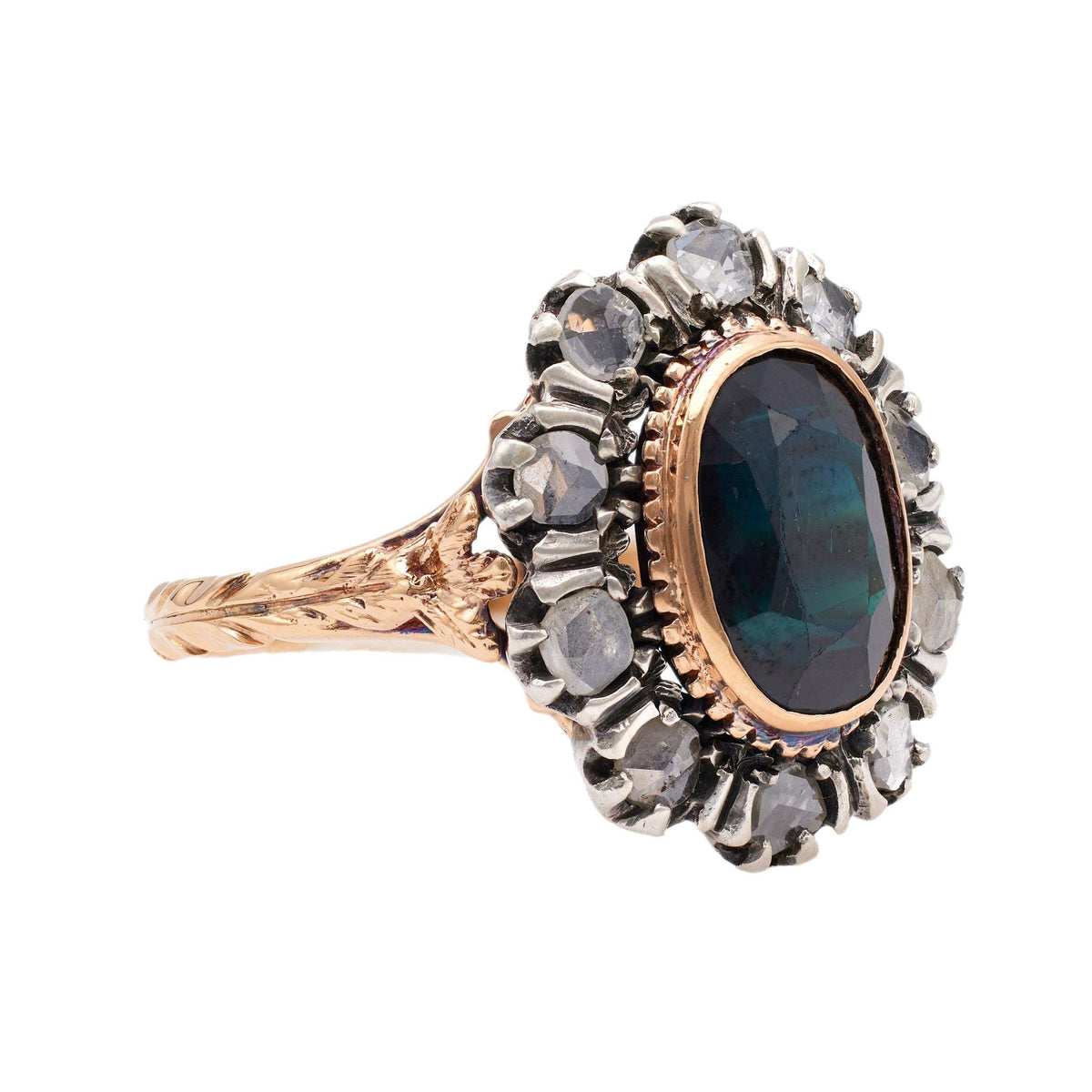 Victorian Revival Italian Sapphire and Diamond 18k Yellow Gold Cluster Ring