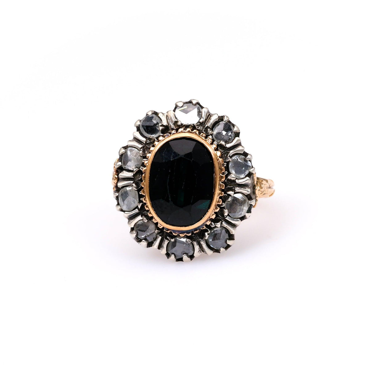 Victorian Revival Italian Sapphire and Diamond 18k Yellow Gold Cluster Ring