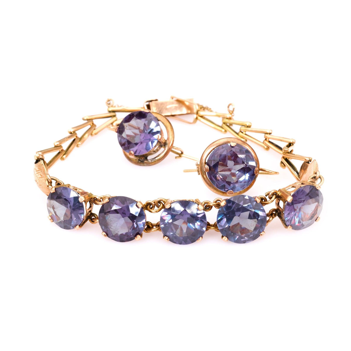 Victorian Revival Synthetic Color Change Sapphire 14k Gold Bracelet and Earring