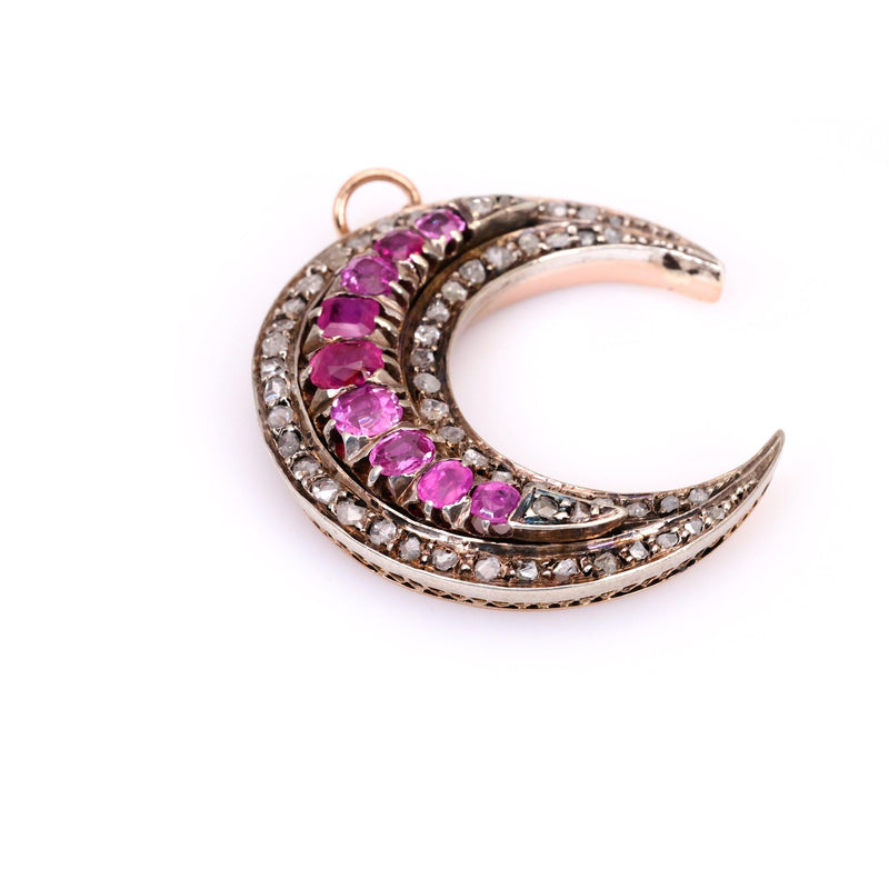 Victorian Ruby and Diamond 18k Rose Gold Silver Crescent Moon Pendant