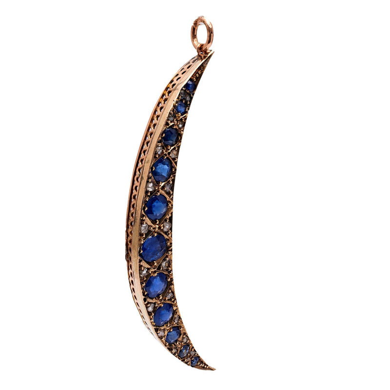 Victorian Sapphire and Diamond 10k Rose Gold Crescent Moon Pendant