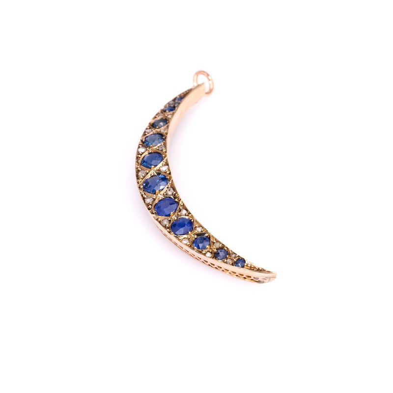 Victorian Sapphire and Diamond 10k Rose Gold Crescent Moon Pendant