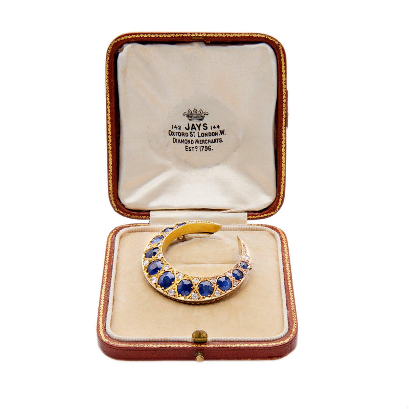 Victorian Sapphire and Diamond 10k Yellow Gold Crescent Moon Brooch