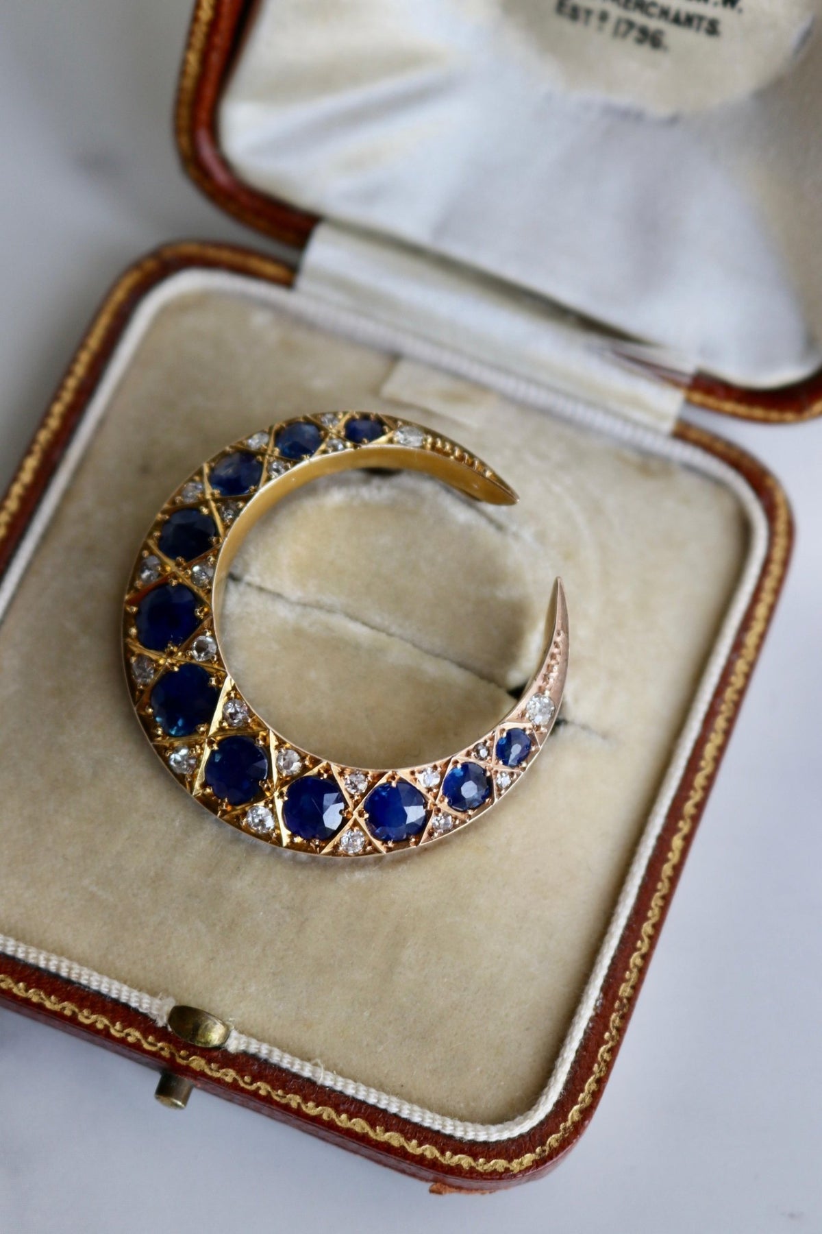 Victorian Sapphire and Diamond 10k Yellow Gold Crescent Moon Brooch