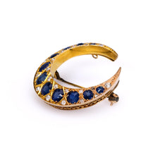 Victorian Sapphire and Diamond 10k Yellow Gold Crescent Moon Brooch