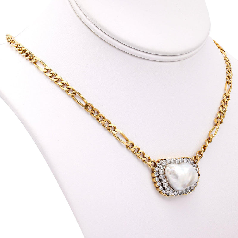 Vintage David Webb Baroque Pearl Diamond 18k Yellow Gold Platinum Link Necklace