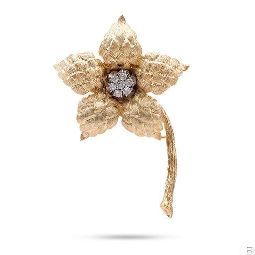 Vintage Diamond 14k Gold Flower Brooch