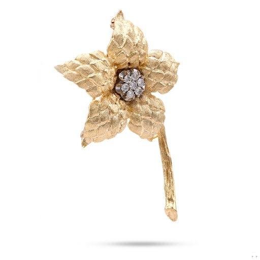 Vintage Diamond 14k Gold Flower Brooch