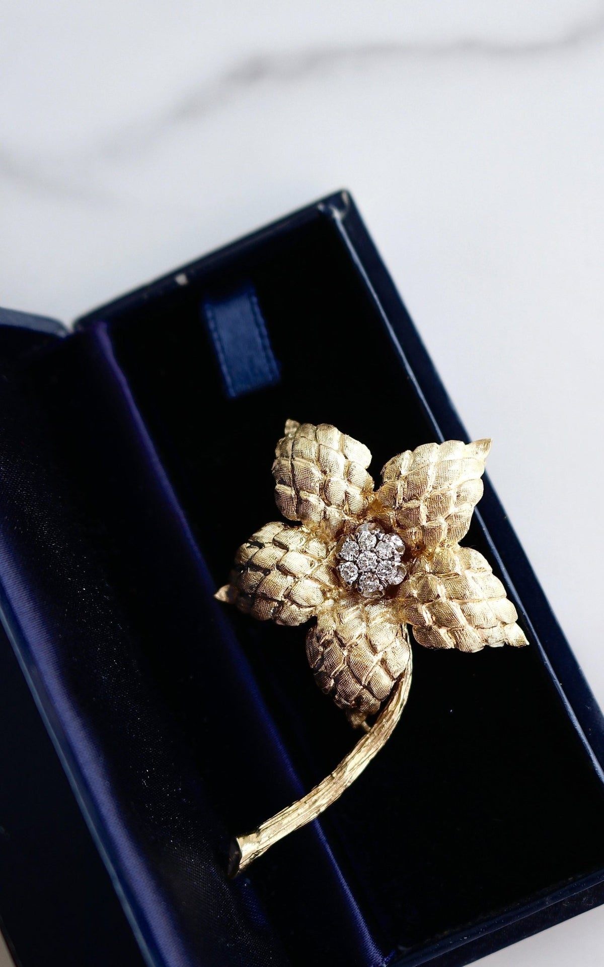 Vintage Diamond 14k Gold Flower Brooch