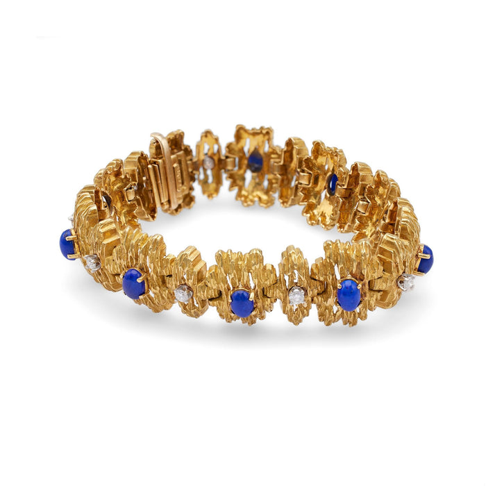 Vintage Diamond and Lapis Lazuli 18k Yellow Gold Modernist Link Bracelet