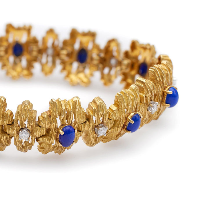 Vintage Diamond and Lapis Lazuli 18k Yellow Gold Modernist Link Bracelet